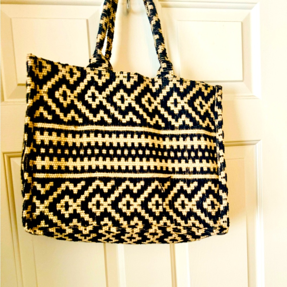 H&M Beach Tote Navy Blue and Tan length is 15” inches width is 13”